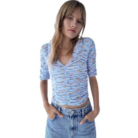 Zara Tops - NWT Zara mesh blue flora rushes top sz XS